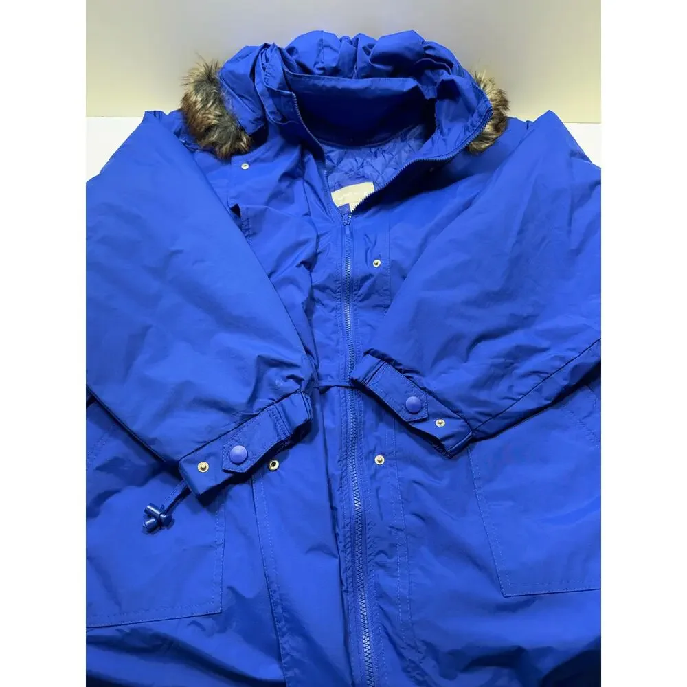 Woman Within Plus Sz Parka Sz 5X 38/40 Blue Full Zip Faux Fur Hood Quilted Liner